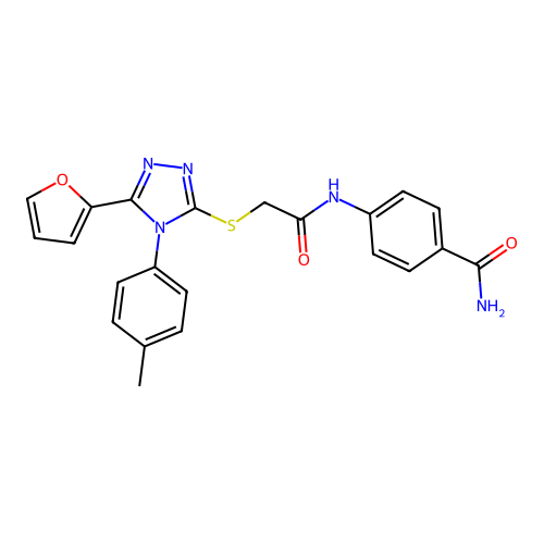 4-(2-((5-(furan-2-yl)-4-(p-tolyl)-4H-1,2,4-triazol-3-yl)thio)acetamido)benzamide structure