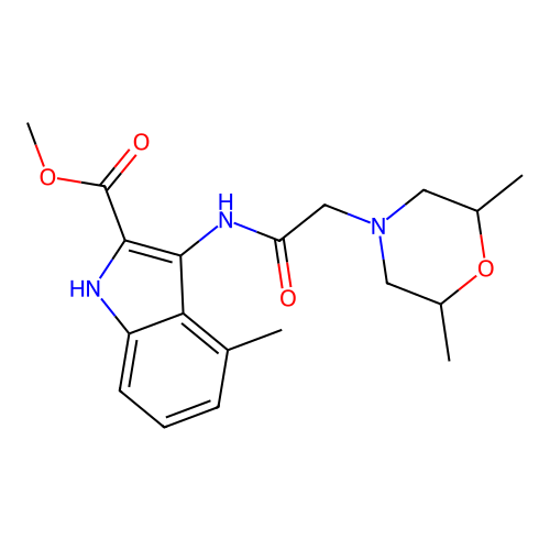 Methyl 3-[[2-(2,6-dimethylmorpholin-4-yl)acetyl]amino]-4-methyl-1H-indole-2-carboxylate structure