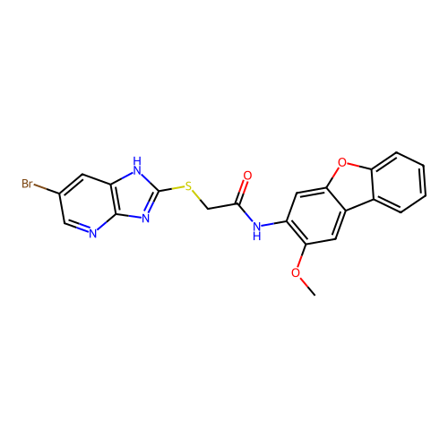 2-((6-bromo-3H-imidazo[4,5-b]pyridin-2-yl)thio)-N-(2-methoxydibenzo[b,d]furan-3-yl)acetamide structure