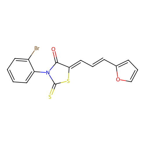 (Z)-3-(2-bromophenyl)-5-((E)-3-(furan-2-yl)allylidene)-2-thioxothiazolidin-4-one structure