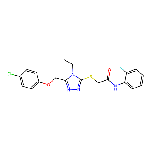 2-[[5-[(4-chlorophenoxy)methyl]-4-ethyl-1,2,4-triazol-3-yl]sulfanyl]-N-(2-fluorophenyl)acetamide structure