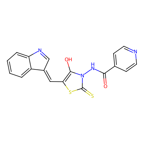 (Z)-5-[(3-indolyl)methylene]-3-isonicotinoylamino-2-thioxo-1,3-thiazolidin-4-one structure