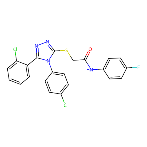 2-[[5-(2-chlorophenyl)-4-(4-chlorophenyl)-1,2,4-triazol-3-yl]sulfanyl]-N-(4-fluorophenyl)acetamide structure