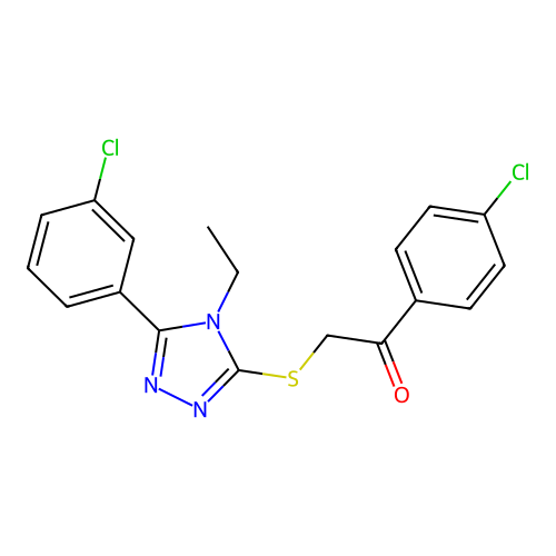 1-(4-chlorophenyl)-2-((5-(3-chlorophenyl)-4-ethyl-4H-1,2,4-triazol-3-yl)thio)ethanone structure