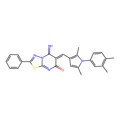 (6Z)-6-[[1-(3,4-dimethylphenyl)-2,5-dimethylpyrrol-3-yl]methylidene]-5-imino-2-phenyl-[1,3,4]thiadiazolo[3,2-a]pyrimidin-7-one structure