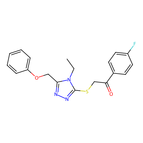 2-((4-ethyl-5-(phenoxymethyl)-4H-1,2,4-triazol-3-yl)thio)-1-(4-fluorophenyl)ethanone structure