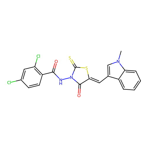 (Z)-2,4-dichloro-N-(5-((1-methyl-1H-indol-3-yl)methylene)-4-oxo-2-thioxothiazolidin-3-yl)benzamide structure