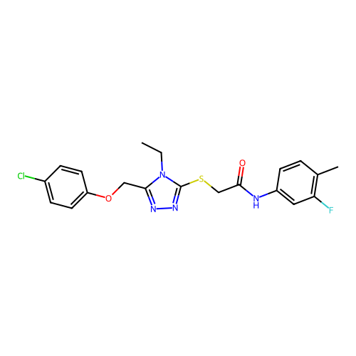 2-((5-((4-chlorophenoxy)methyl)-4-ethyl-4H-1,2,4-triazol-3-yl)thio)-N-(3-fluoro-4-methylphenyl)acetamide structure
