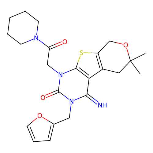 3-(furan-2-ylmethyl)-4-imino-6,6-dimethyl-1-(2-oxo-2-(piperidin-1-yl)ethyl)-3,4,5,6-tetrahydro-1H-pyrano[4',3':4,5]thieno[2,3-d]pyrimidin-2(8H)-one structure