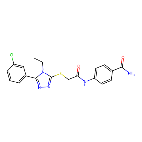 4-{2-[5-(3-Chlorophenyl)-4-ethyl-1,2,4-triazol-3-ylthio]acetylamino}benzamide structure