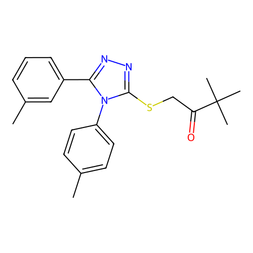 3,3-dimethyl-1-[[5-(3-methylphenyl)-4-(4-methylphenyl)-1,2,4-triazol-3-yl]sulfanyl]butan-2-one structure
