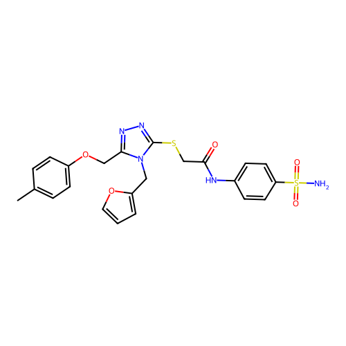 2-((4-(furan-2-ylmethyl)-5-((p-tolyloxy)methyl)-4H-1,2,4-triazol-3-yl)thio)-N-(4-sulfamoylphenyl)acetamide structure