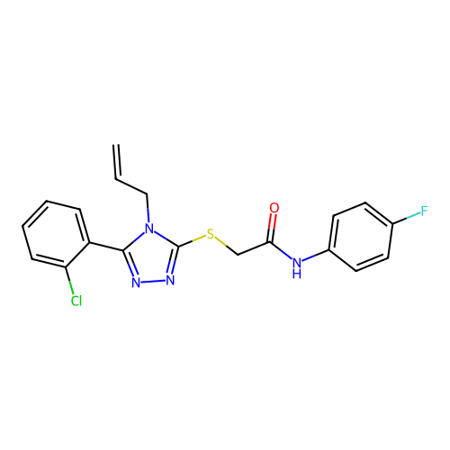 2-((4-allyl-5-(2-chlorophenyl)-4H-1,2,4-triazol-3-yl)thio)-N-(4-fluorophenyl)acetamide structure
