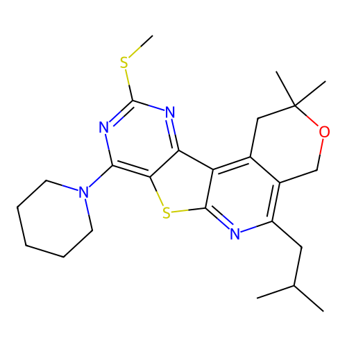 2,2-dimethyl-5-(2-methylpropyl)-10-(methylsulfanyl)-8-(piperidin-1-yl)-1,4-dihydro-2H-pyrano[4'',3'':4',5']pyrido[3',2':4,5]thieno[3,2-d]pyrimidine structure