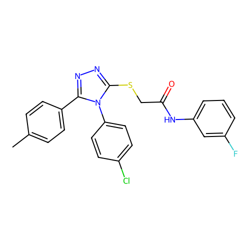2-[[4-(4-chlorophenyl)-5-(4-methylphenyl)-1,2,4-triazol-3-yl]sulfanyl]-N-(3-fluorophenyl)acetamide structure