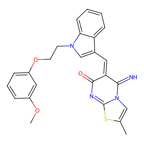 (6Z)-5-imino-6-({1-[2-(3-methoxyphenoxy)ethyl]-1H-indol-3-yl}methylidene)-2-methyl-5,6-dihydro-7H-[1,3]thiazolo[3,2-a]pyrimidin-7-one structure