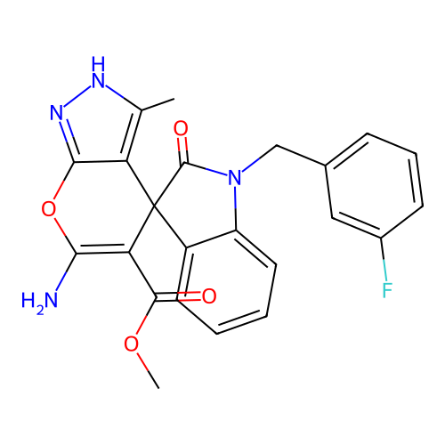 methyl 6'-amino-1-(3-fluorobenzyl)-3'-methyl-2-oxo-1,2-dihydro-1'H-spiro[indole-3,4'-pyrano[2,3-c]pyrazole]-5'-carboxylate structure