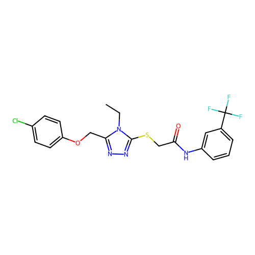 2-({5-[(4-chlorophenoxy)methyl]-4-ethyl-4H-1,2,4-triazol-3-yl}sulfanyl)-N-[3-(trifluoromethyl)phenyl]acetamide structure