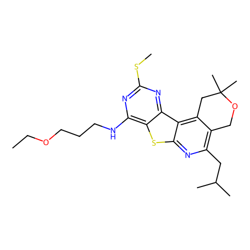 N-(3-ethoxypropyl)-2,2-dimethyl-5-(2-methylpropyl)-10-(methylsulfanyl)-1,4-dihydro-2H-pyrano[4'',3'':4',5']pyrido[3',2':4,5]thieno[3,2-d]pyrimidin-8-amine structure