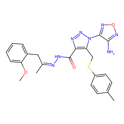 (Z)-1-(4-amino-1,2,5-oxadiazol-3-yl)-N'-(1-(2-methoxyphenyl)propan-2-ylidene)-5-((p-tolylthio)methyl)-1H-1,2,3-triazole-4-carbohydrazide structure