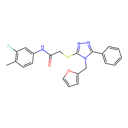 N-(3-fluoro-4-methyl-phenyl)-2-[[4-(2-furylmethyl)-5-phenyl-1,2,4-triazol-3-yl]sulfanyl]acetamide structure