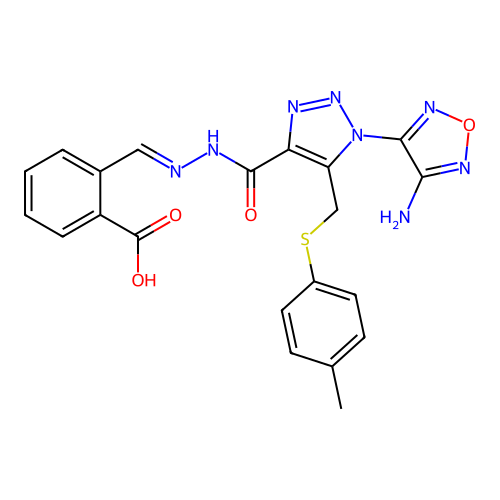(E)-2-((2-(1-(4-amino-1,2,5-oxadiazol-3-yl)-5-((p-tolylthio)methyl)-1H-1,2,3-triazole-4-carbonyl)hydrazono)methyl)benzoic acid structure