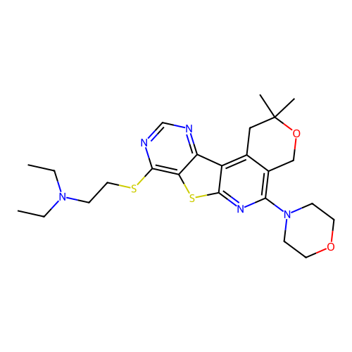 2-((2,2-dimethyl-5-morpholino-2,4-dihydro-1H-pyrano[4'',3'':4',5']pyrido[3',2':4,5]thieno[3,2-d]pyrimidin-8-yl)thio)-N,N-diethylethanamine structure