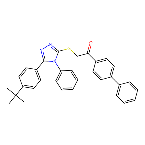 1-([1,1'-biphenyl]-4-yl)-2-((5-(4-(tert-butyl)phenyl)-4-phenyl-4H-1,2,4-triazol-3-yl)thio)ethanone structure