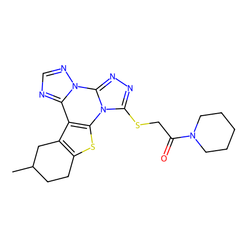 2-((12-methyl-10,11,12,13-tetrahydrobenzo[4,5]thieno[3,2-e]bis([1,2,4]triazolo)[4,3-a:1',5'-c]pyrimidin-7-yl)thio)-1-(piperidin-1-yl)ethanone structure