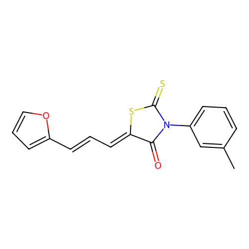 5-((2E)-3-(2-furyl)prop-2-enylidene)-3-(3-methylphenyl)-2-thioxo-1,3-thiazolid in-4-one structure