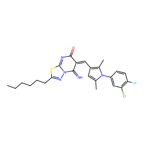 (6E)-6-[[1-(3-chloro-4-fluorophenyl)-2,5-dimethylpyrrol-3-yl]methylidene]-2-hexyl-5-imino-[1,3,4]thiadiazolo[3,2-a]pyrimidin-7-one structure