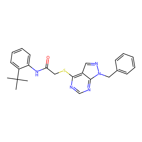 2-((1-benzyl-1H-pyrazolo[3,4-d]pyrimidin-4-yl)thio)-N-(2-(tert-butyl)phenyl)acetamide structure