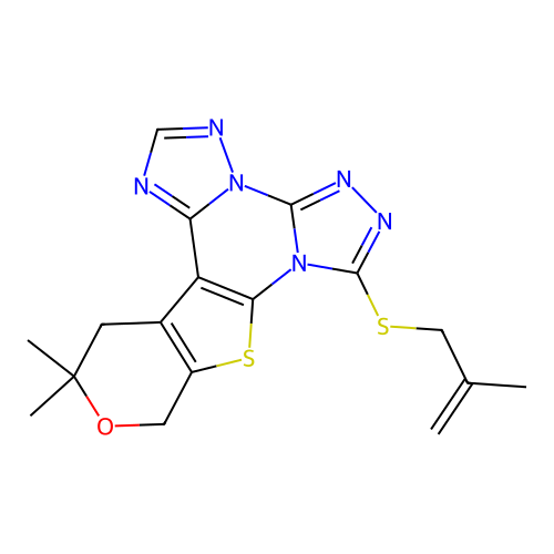 12,12-dimethyl-7-((2-methylallyl)thio)-12,13-dihydro-10H-pyrano[4',3':4,5]thieno[3,2-e]bis([1,2,4]triazolo)[4,3-a:1',5'-c]pyrimidine structure