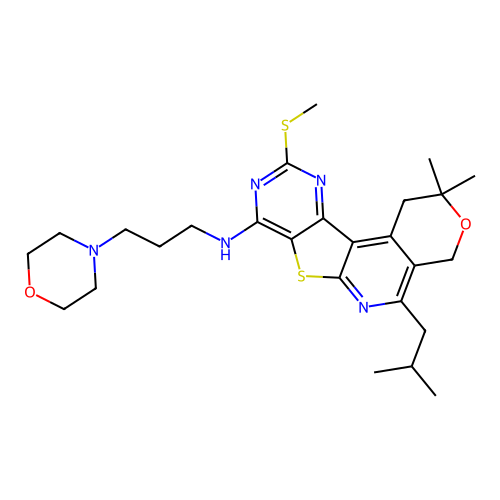 2,2-dimethyl-5-(2-methylpropyl)-10-(methylsulfanyl)-N-[3-(morpholin-4-yl)propyl]-1,4-dihydro-2H-pyrano[4'',3'':4',5']pyrido[3',2':4,5]thieno[3,2-d]pyrimidin-8-amine structure
