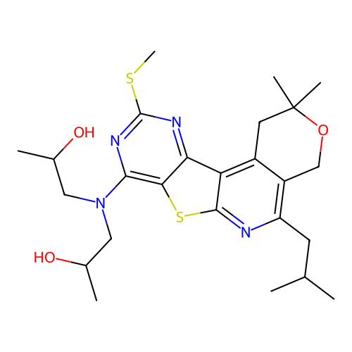 1,1'-((5-isobutyl-2,2-dimethyl-10-(methylthio)-2,4-dihydro-1H-pyrano[4'',3'':4',5']pyrido[3',2':4,5]thieno[3,2-d]pyrimidin-8-yl)azanediyl)bis(propan-2-ol) structure