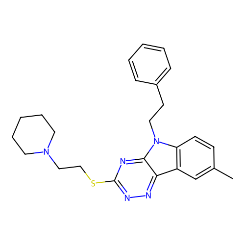 8-methyl-5-phenethyl-3-((2-(piperidin-1-yl)ethyl)thio)-5H-[1,2,4]triazino[5,6-b]indole structure