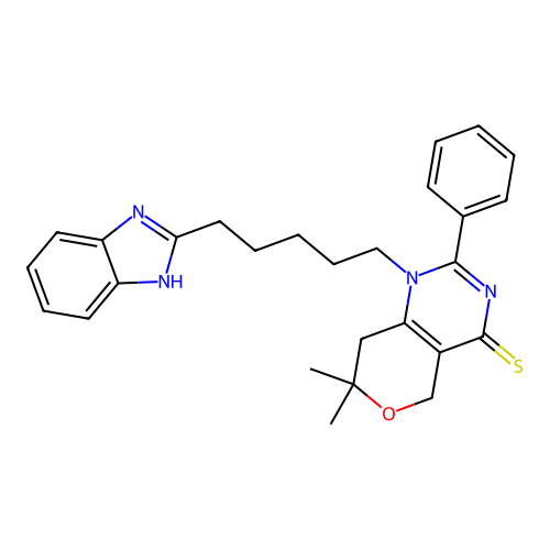 1-(5-(1H-benzo[d]imidazol-2-yl)pentyl)-7,7-dimethyl-2-phenyl-7,8-dihydro-1H-pyrano[4,3-d]pyrimidine-4(5H)-thione structure