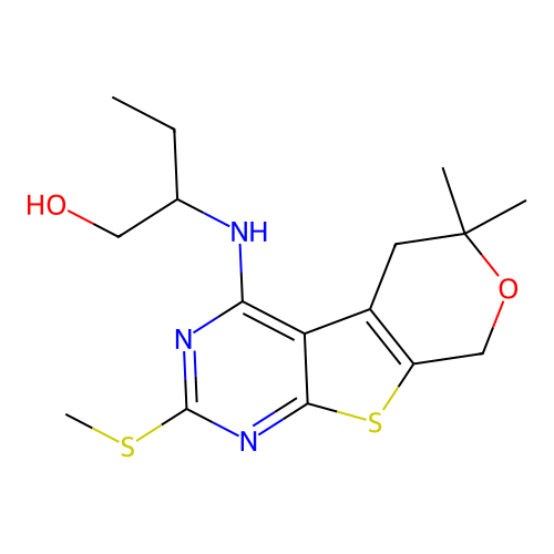 2-((6,6-dimethyl-2-(methylthio)-6,8-dihydro-5H-pyrano[4',3':4,5]thieno[2,3-d]pyrimidin-4-yl)amino)butan-1-ol structure