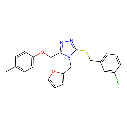 3-((3-chlorobenzyl)thio)-4-(furan-2-ylmethyl)-5-((p-tolyloxy)methyl)-4H-1,2,4-triazole structure