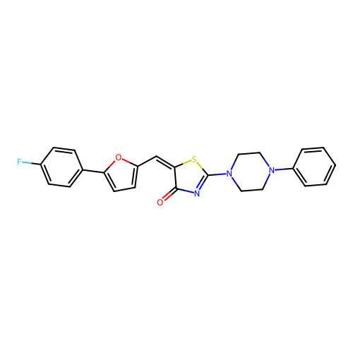 5-[[5-(4-fluorophenyl)-2-furyl]methylidene]-2-(4-phenylpiperazin-1-yl)-1,3-thiazol-4-one structure