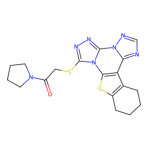 1-(pyrrolidin-1-yl)-2-((10,11,12,13-tetrahydrobenzo[4,5]thieno[3,2-e]bis([1,2,4]triazolo)[4,3-a:1',5'-c]pyrimidin-7-yl)thio)ethanone structure