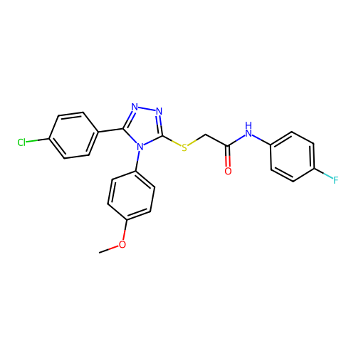 2-((5-(4-chlorophenyl)-4-(4-methoxyphenyl)-4H-1,2,4-triazol-3-yl)thio)-N-(4-fluorophenyl)acetamide structure