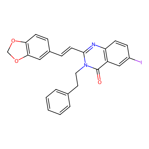2-(2-benzo[1,3]dioxol-5-ylethenyl)-6-iodo-3-phenethyl-quinazolin-4-one structure