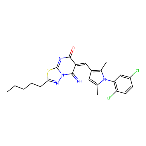 (6E)-6-[[1-(2,5-dichlorophenyl)-2,5-dimethylpyrrol-3-yl]methylidene]-5-imino-2-pentyl-[1,3,4]thiadiazolo[3,2-a]pyrimidin-7-one structure