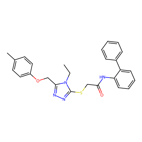 2-[[4-ethyl-5-[(4-methylphenoxy)methyl]-1,2,4-triazol-3-yl]sulfanyl]-N-(2-phenylphenyl)acetamide structure