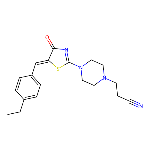 (Z)-3-(4-(5-(4-ethylbenzylidene)-4-oxo-4,5-dihydrothiazol-2-yl)piperazin-1-yl)propanenitrile structure