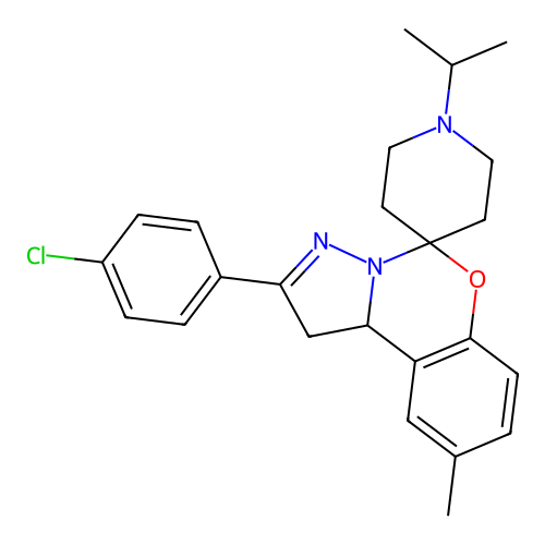 2'-(4-chlorophenyl)-9'-methyl-1-(propan-2-yl)-1',10b'-dihydrospiro[piperidine-4,5'-pyrazolo[1,5-c][1,3]benzoxazine] structure
