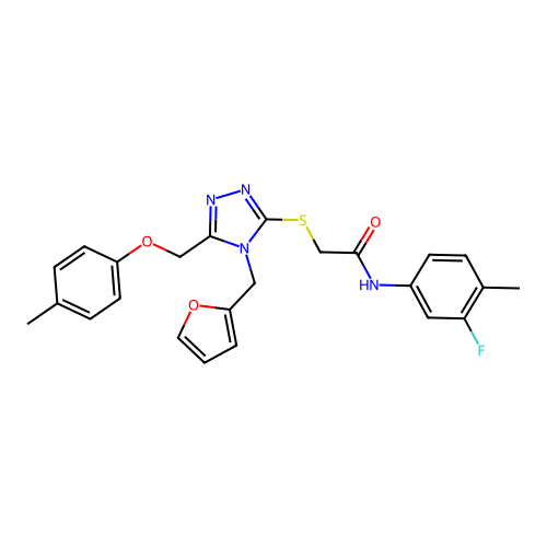 N-(3-fluoro-4-methylphenyl)-2-((4-(furan-2-ylmethyl)-5-((p-tolyloxy)methyl)-4H-1,2,4-triazol-3-yl)thio)acetamide structure