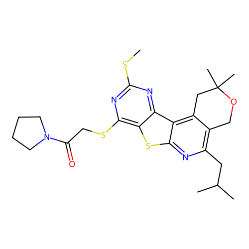 2-((5-isobutyl-2,2-dimethyl-10-(methylthio)-2,4-dihydro-1H-pyrano[4'',3'':4',5']pyrido[3',2':4,5]thieno[3,2-d]pyrimidin-8-yl)thio)-1-(pyrrolidin-1-yl)ethanone structure