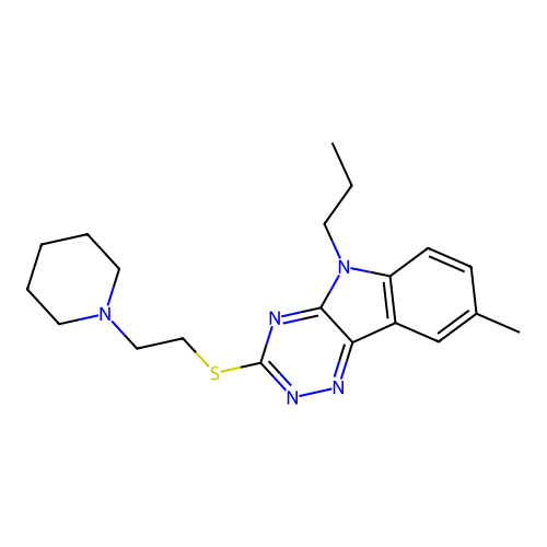 8-methyl-3-((2-(piperidin-1-yl)ethyl)thio)-5-propyl-5H-[1,2,4]triazino[5,6-b]indole structure